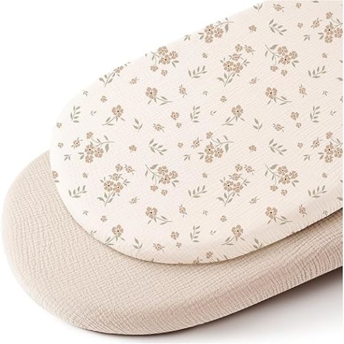 Konssy Muslin Bassinet Sheets for Baby Girl Boy, 2 Pack Soft Breathable Baby Bassinet Mattress Sheets Fit for Hourglass Oval Cradle, Moses Basket Rectangle Mattress (Blossom,Cream)