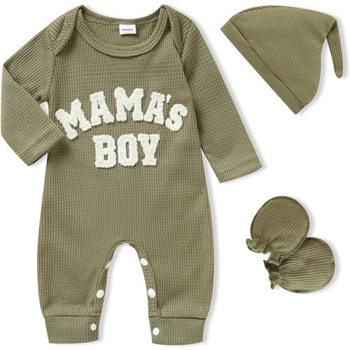 GRNSHTS Newborn Baby Boy Romper Coming Home Outfits Letter Print Bodysuit Jumpsuit+Hat+Gloves 3PCS Clothes Set