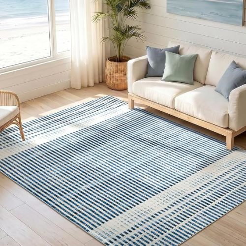 Washable 5x7 Modern Striped Area Rug, Abstract Living Room Rug | Beige Blue, Soft Low Pile, Skin Friendly, Non-Slip for High Traffic, Bedroom Vintage Coastal Nautical Style Home Decor
