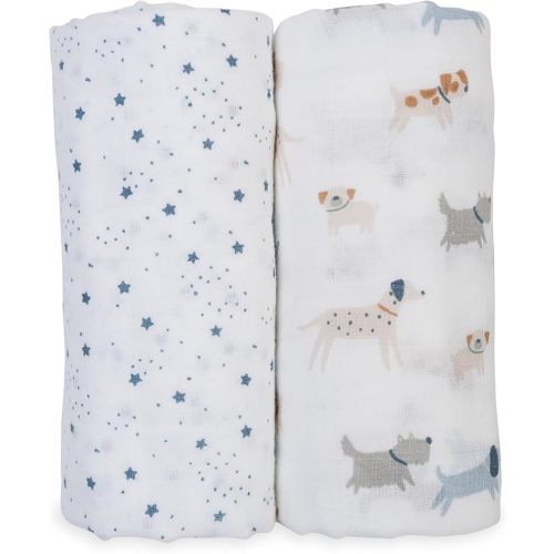 lulujo Baby Swaddle Blankets Cotton Muslin 40in x 40in Puppy Dog & Stars 2-Count