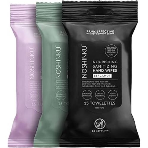 Noshinku Discovery Hand Sanitizer Wipes, 3-Pack (45 Towelettes) – Resealable Travel Wipes with Ethyl Alcohol, Aloe & Green Tea, Plant-Based Fiber, Essential Oil Scents, Cruelty-Free & No Dyes