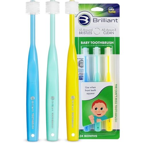 Brilliant Oral Care Baby Toothbrush with Soft Bristles and Round Head, for a Toddler Approved, Easy to Use All-Around Clean Mouth, 4-24 Months, When Front Teeth Appear, Blue Mint Yellow, 3 Pack
