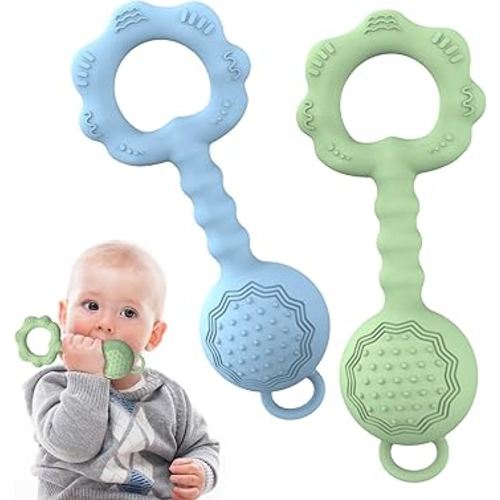 2 Pcs Baby Rattle Teether, 2-in-1 Rattle and Teether Toy for Soothing Sore Gums and Keeps Little Ones Entertained, Food Grade Silicone (Blue+Green)
