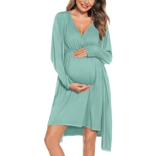 SWOMOG Women Maternity Nursing Gown and Robe Set 3 in 1 Labor Delivery Nursing Nightgown (Sage Green)