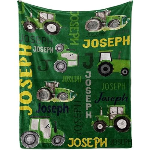 Personalized Tractors Blanket - Custom Name with Farm Tractor Trucks Design - Soft Plush Flannel Bed Blanket for Baby Kid Teen Boys Girls Customized Gifts Green