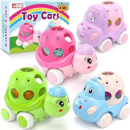 Baby Car Toys for 6-12 12-18 Months 1 Year Old Girls- 4 Pack Rattle Push N Go Cars for Toddlers 1-3 Years, Infant Trucks Toys for Babies Girl Boy 1yr 2yr First Birthday Gifts