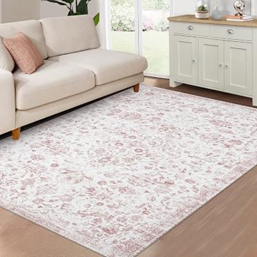 CAROMIO Machine Washable Rug Vintage Area Rugs Stain Resistant Non-Slip Floor Carpet Rug Oriental Distressed Retro Floral Medallion Accent Carpet Farmhouse Dining Table Rugs, Pink, 4' x 6'