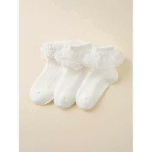 3 Pairs White Cute Baby/Toddler Lace Ruffle Trim Socks, Unisex | SHEIN USA