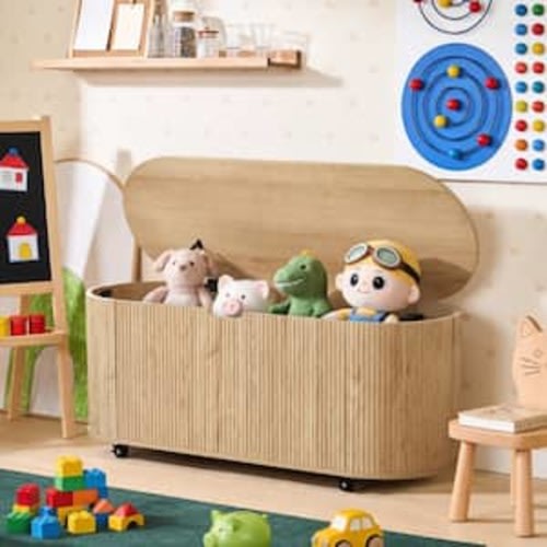43.31" Natural Fluted Storage Chest with Wheels, Flip Top Safety Hinge Storage Trunk, Rounded Oval Wooden Storage Bench