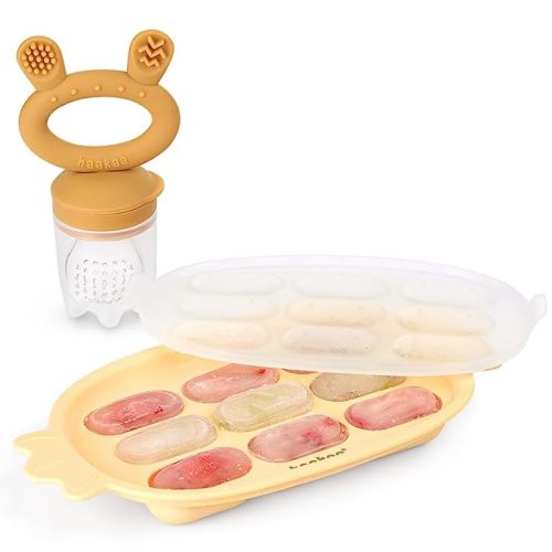 Haakaa Baby Fruit Food Feeder & Silicone Nibble Tray Combo - Breastmilk Popsicle Mold for Teething, Silicone Pacifier Feeder and Teether for Baby Teething & Infant Self Feeding - Yellow