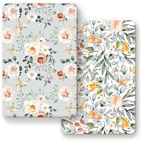 Stretchy Ultra Soft Jersey Knit Fitted Pack n Play Sheets Set 2 Pack, Portable/Mini Crib Sheets for Girls, Watercolor Flowers and Fruits