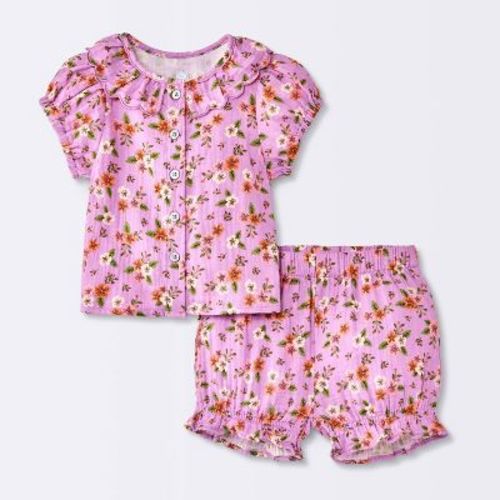 Baby Girls' Floral Scallop Collar Short Sleeve and Shorts Set - Cloud Island™ Purple 12M