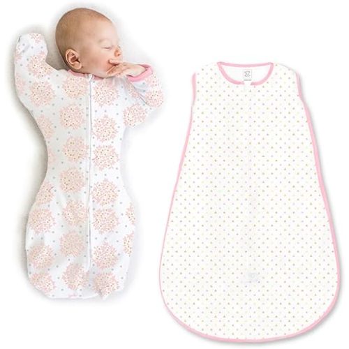 SwaddleDesigns Baby Sleep Sack Set, Heavenly Floral and Pink Triangles, 0-3 Mo Transitional Swaddle Sack with Arms Up Half-Length Sleeves & Mitten Cuffs and 0-6 Mo Cotton Sleep Sack with 2-Way Zipper