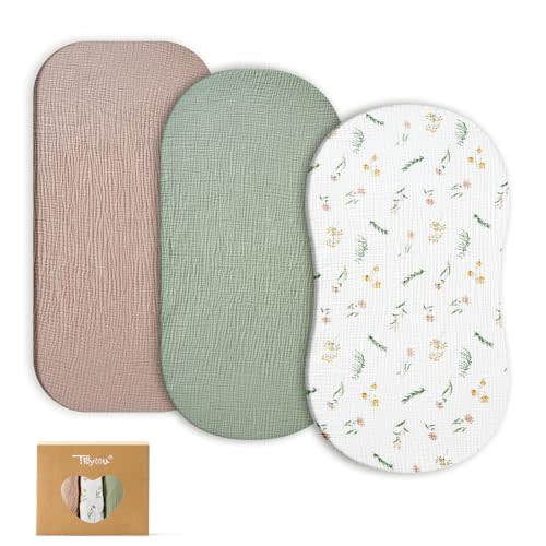 TILLYOU Muslin Bassinet Sheets for Baby Boys Girls 3 Pack, Soft Breathable Elastic Cotton Bassinet Mattress Sheets, Fit Hourglass Oval Rectangle Cradle Mattress, 33"X17",Daisy