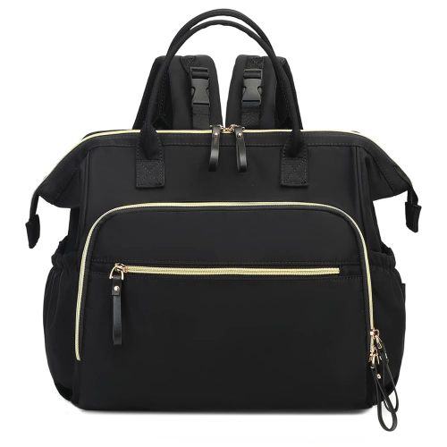 Convertible Diaper Bag Tote, Wide Open Top 14 Pockets Nappy Backpack with Stroller Buckle, Water-resistant (Black-gold, Large)