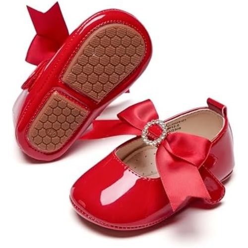 PHIRAMIN Baby Girls Mary Jane Flats - Infant Newborn Walking Shoes Soft Rubber Sole Princess Wedding