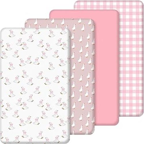 4 Pack Silly Goose Crib Fitted Sheet for Boys Girls - 52" x 28" Fitted Baby Sheet with Goose and Gingham Style for Standard Mattress Gift Set, Microfiber & Soft Breathable(Pink)
