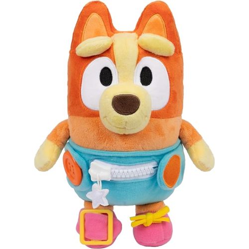 Dress & Play Baby Bingo Bluey Plush, Button, Zip, Buckle and Tie, Learn to Dress Dolls for Toddlers Ages 3+, Fine Motor Skills Baby Zipper Toy