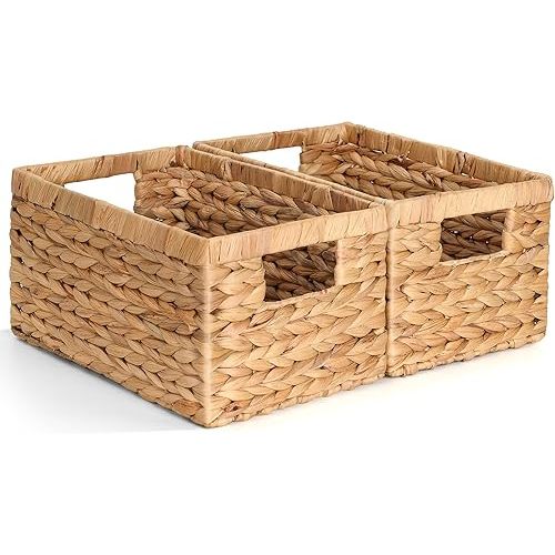 Set of 2 Wicker Shelf Storage Baskets for Organizing - Natural Durable Water Hyacinth Woven Basket Pantry Bin Organizers for Shelves with Handles for Home & Decor Organization, 12.5” x 8” x 6.5”