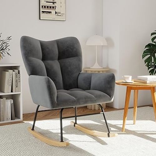 Murago Rocking Chair Nursery, Nursery Rocking Chairs, Baby Rocker, Glider Rocker, Safety Anti Tip Design, 440 Lb. Capacity, Cotton Fabric Cover, Grey