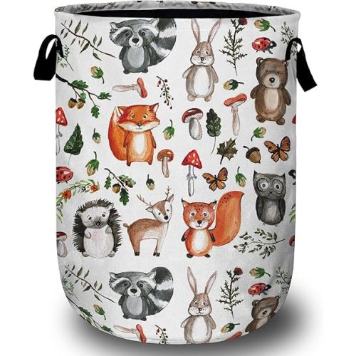 Cute Woodland Animal Laundry Basket, Laundry Hamper Collapsible Oxford Cloth with Handle Clothes Toy Storage Bin for Bathroom Laundry Room Bedroom 15.7 X 20 Inch