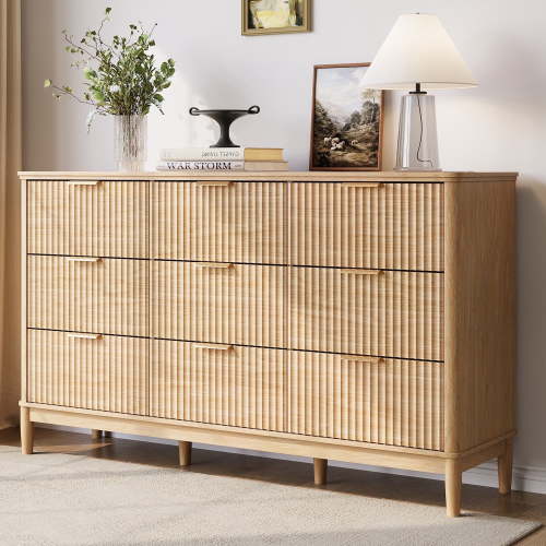 Linsy Home Oversized Fluted Dressers for Bedroom, Wide Chest of 9 Drawers, Oak