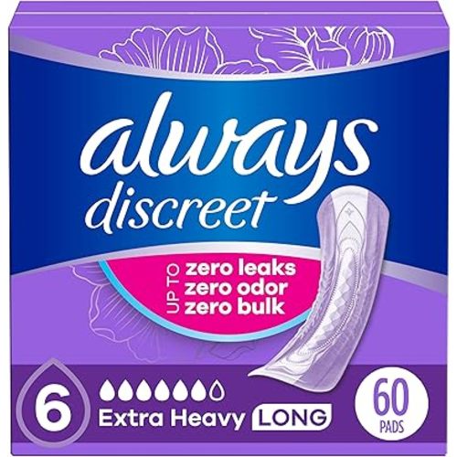 Always Discreet Adult Incontinence Pads for Women, Extra Heavy Absorbency, Regular Length, Postpartum Pads, 60 Count