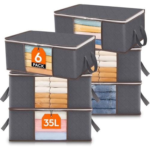 Lifewit 6 Pack Clothes Storage Bag, Foldable Storage Bin Closet Organizer with Reinforced Handle, Sturdy Fabric Blanket Storage with Clear Window, Storage Containers for Clothing, Bedding, Gray