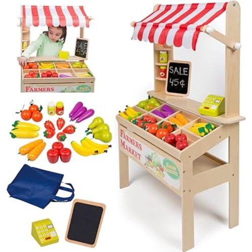 Sprout & Shop Wooden Farmers Market Stand- 30+ Toy Food PCs Fruit Veggies Chalkboard & Cash Register- Pretend Roleplay, Fun Indoor Natural Wood Grocery Set- Playroom Daycare Activity Center- Kids Gift