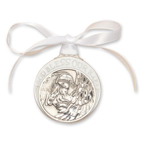 Pewter Baby With Angel Crib Medal With White Ribbon - Pendant (4300WPW)