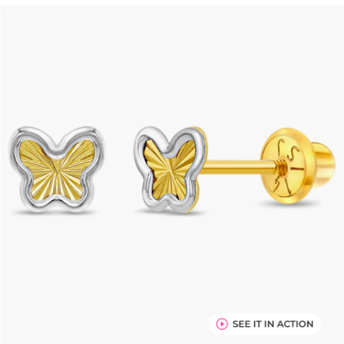 14k White & Yellow Gold Diamond Cut Butterfly Baby / Toddler / Kids Ea