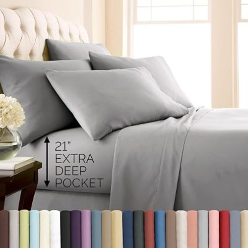 6 Piece 21 Inch Deep Pocket King Bed Sheets Set Soft Microfiber Steel Grey
