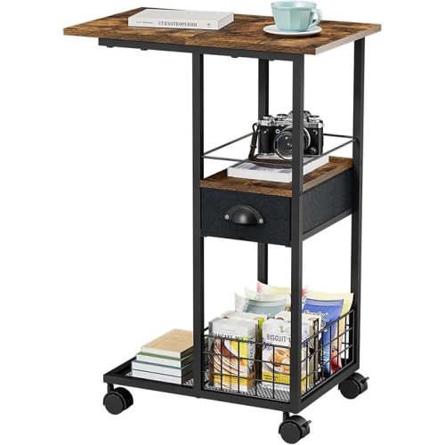C Shaped Sofa Side Table: Couch End Table with Drawer - Bedside Table with Wheels - 19.7''L x 11.8''W x 28''H - C Mobile Tables with Storage Basket for Living Room Bedroom