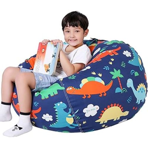 Lukeight Dinosaur Stuffed Animal Storage Bean Bag Chair Cover - Premium Canvas Organizer with YKK Zipper Holds 60+ Plush Toys, Washable Kids Room Decor (No Filling, Large)