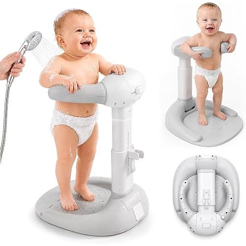 Baby Shower Stand with Anti-Pinch Silicone & Anti-Slip Base, Foldable Baby Bath Stand, Adjustable Height Soporte para Bañera de Bebé Assist Holder for 8-36 Months Toddler, Ideal Gift