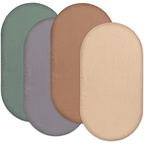 100% Muslin Baby Bassinet Sheets for Baby Boy Girls,4-Pack Fitted Bassinet Sheets Set Compatible with Halo Bassinest Swivel Sleeper,Baby Delight,Angelbliss,32"X16" (Beige Solid Color Series)