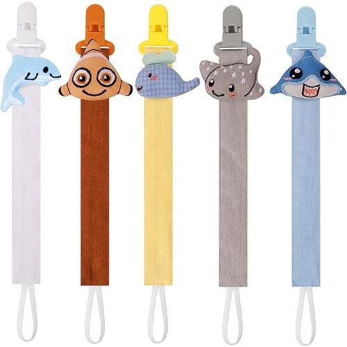 5 Pack Pacifier Clips for Baby Boys, Multicolor Fabric Straps,5pcs Straps, Approx. 11 in / 29 cm, Resin Clips with Inner Grip Design, Fits Most Pacifiers with Handles(9)