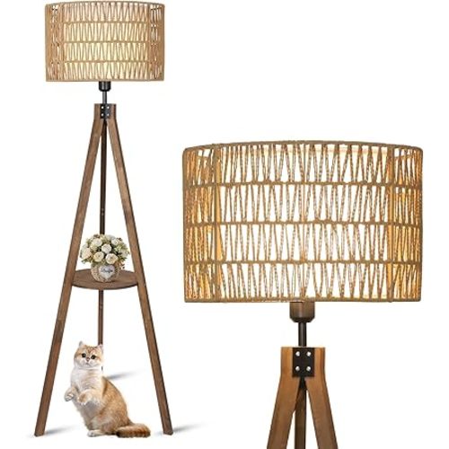 Boho Tripod Floor Lamps for Living Room, Rattan Wood Floor Lamp with Fabric Shades, Mid Century Standing Lamp with Shelf, Foot Switch, Modern Farmhouse Tall Lamps for Bedroom Office Brown