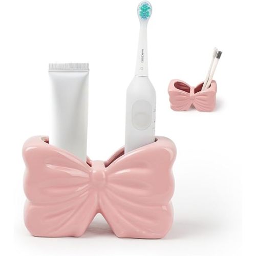 Bow Toothbrush Holder, Pink Ceramic Multi-Purpose 2-Section Organizer for Bathroom, Kitchen, Bedroom, Office Decor