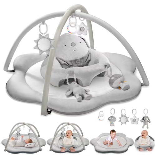 Baby Gym Play Mat, Sitting-up Babies Seats for Infants,with 5 Detachable Toys, Infant Toddler Activity Tummy Time Playmats for Newborn 0-12 Months, Grey
