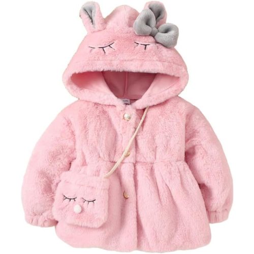 Baby Girl Plush Hooded Jacket with Crossbody Bag Warm Faux Fur Coat