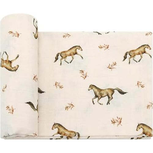 LifeTree Baby Swaddle Blankets, Muslin Swaddle Blankets Boys Girls Swaddling Wrap Receiving Blanket for Newborn, 70% Viscose Bamboo and 30% Cotton, Large 47" x 47", Horse Pattern