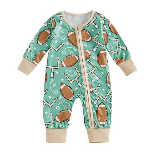 Baby Boy Long Sleeve Romper Football Print Front Zipper Jumpsuit Fall – August + Willow