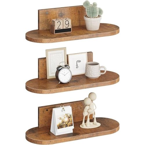 Wooden Floating Shelves for Wall, Floating Shelf for Bedroom Kitchen Decor, Wall Mounted Rustic Farmhouse Wood Shelf for Books, Plants, Set of 3(Rustic Brown, S (Round))