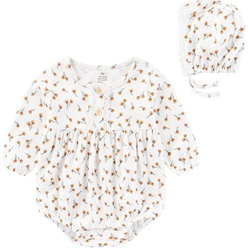 Baby Girls Clothes Set Cotton Floral Bodysuit Dress with Headpiece for 3-24 Months