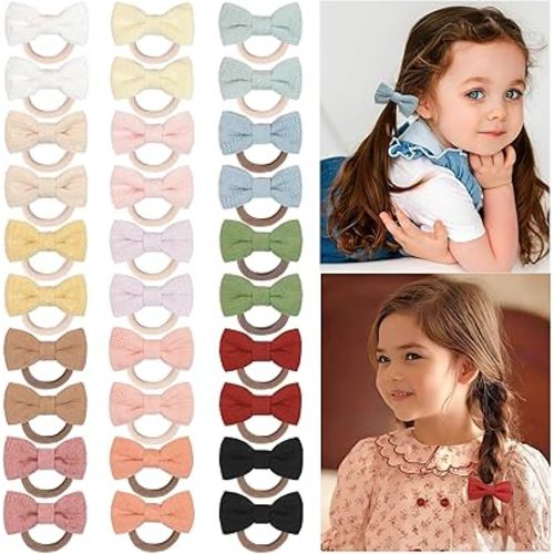 30Pcs Baby Hair Bows Ties, Floral Pattern Seamless Hair Rubber Bands for Baby Girls' Fine Hair, 2 inches Hair Bow 15 Colors in Pairs