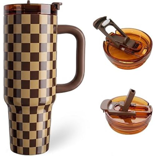 Insulated Tumbler with Straw | Double Wall Stainless Steel Travel Mug | Leak Proof Lid, 24hr Cold & 12hr Hot | Reusable Water Bottle for Office, Gym, Hiking (Retro Checker, 40, Fluid Ounces)