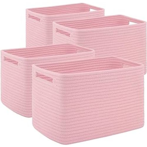 4 Pack Storage Baskets for Organizing Toys, Towels, and Clothes, Woven Basket for Shelves, Sturdy Nursery Cube Bins for Storage, 13''L x9''W x7.8''H, Pink, SD-SLB-G-C-03