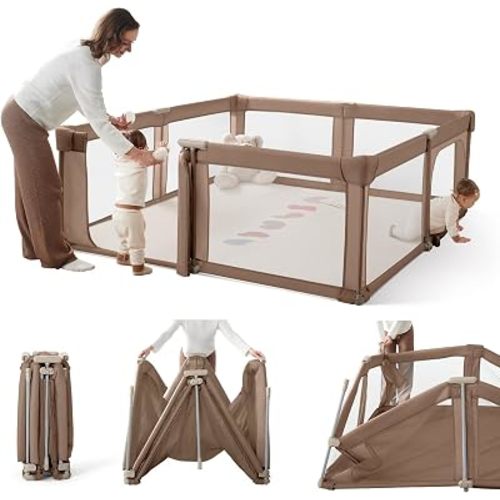 Foldable Baby Playpen,Portable Play Pen for Babies 6-12 Months,59”x59” Playpen for Babies and Toddlers with Gate,Indoor & Outdoor Collapsible Baby Play Pen with Travel Bag(Deep Khaki)