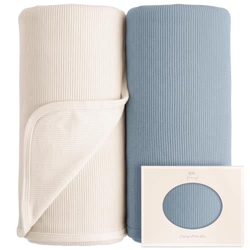 Konssy Ribbed Knit Baby Blankets 2 Pack, Stretchy Lightweight Swaddle Blanket for Boys & Girls, Soft Cozy Receiving Wrap for Newborns, Infants, & Toddlers, 33x42 Inch